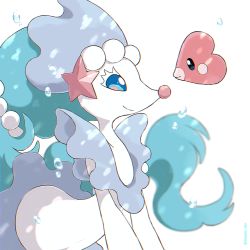 Rule 34 | 1girl, black eyes, blank eyes, blue eyes, blue hair, blush stickers, bubble, chromatic aberration, closed mouth, collarbone, colored skin, creatures (company), eye contact, female focus, fish, flat chest, from side, full body, game freak, gem, gen 3 pokemon, gen 7 pokemon, happy, heart, highres, long hair, looking at another, luvdisc, nintendo, pearl (gemstone), pokemon, pokemon (creature), primarina, rorosuke, sideways mouth, simple background, smile, starfish, underwater, upper body, very long hair, white background, white skin