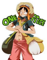 Rule 34 | 1boy, bag, copyright name, eric lowery, goggles, hat, highres, male focus, monkey d. luffy, one piece, one piece: strong world, open clothes, open shirt, shirt, simple background, solo, straw hat