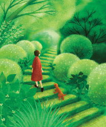Rule 34 | 1girl, animal, ankle socks, arms at sides, backlighting, beckoning, black footwear, black hair, bloom, blunt bangs, blunt ends, bob cut, bush, closed mouth, dog, dress, from behind, grass, green theme, highres, leaf, long dress, long sleeves, looking at animal, looking back, moss, nature, no lineart, original, outdoors, pavement, pet, plant, print dress, profile, red dress, running bond, scenery, sh0wk0, shoe soles, shoes, short hair, sleeves past elbows, socks, stairs, tree, walking, white socks, wide shot, wide sleeves