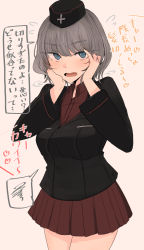 Rule 34 | 1girl, alternate hair length, alternate hairstyle, beige background, black hat, black jacket, blue eyes, blush, bob cut, commentary, cowboy shot, dress shirt, flustered, flying sweatdrops, frown, garrison cap, girls und panzer, hands on own face, hat, heart, highres, insignia, itsumi erika, jacket, kuromorimine military uniform, long sleeves, looking at viewer, military, military hat, military uniform, miniskirt, motion lines, necro (nekurodayo), open mouth, pleated skirt, red shirt, red skirt, shirt, short hair, silver hair, simple background, skirt, solo, spoken squiggle, squiggle, standing, translated, uniform, wing collar