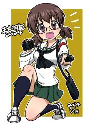 Rule 34 | 1girl, 2024, bag, birthday, black-framed eyewear, black neckerchief, black socks, blouse, brown background, brown eyes, brown hair, camera, carrying, character name, commentary, dated, girls und panzer, glasses, green skirt, holding, holding camera, holding microphone, long sleeves, looking at viewer, low twintails, microphone, miniskirt, neckerchief, notice lines, on one knee, ooarai school uniform, open mouth, ou taiga, outline, pleated skirt, sailor collar, satchel, school uniform, semi-rimless eyewear, serafuku, shirt, shoes, short hair, skirt, smile, sneakers, socks, solo, takahashi kurage, translated, twintails, under-rim eyewear, white footwear, white outline, white sailor collar, white shirt