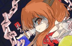 Rule 34 | 1girl, bottle, chain, closed mouth, expressionless, female focus, from side, gourd, horns, ibuki suika, looking at viewer, oni, orange eyes, orange hair, shadow, solo, touhou, upper body, wrist cuffs