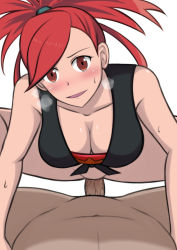 Rule 34 | black shirt, blouse, bottomless, breasts, censored, cleavage, creatures (company), flannery (pokemon), game freak, girl on top, highres, looking at viewer, morikurousagi, mosaic censoring, nintendo, penis, pokemon, pokemon oras, pov, pov crotch, red eyes, red hair, sex, shirt, simple background, sleeveless, sleeveless shirt, solo focus, white background