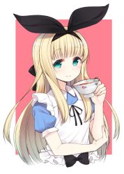 Rule 34 | 1girl, :3, alice (alice in wonderland), alice in wonderland, apron, bad id, bad twitter id, black bow, blonde hair, blue dress, blush, bow, closed mouth, commentary request, cup, dress, fingernails, green eyes, hair bow, hand up, highres, holding, huge bow, long hair, looking at viewer, mononobe alice, mononobe alice (1st costume), nekoume, nijisanji, pink background, puffy short sleeves, puffy sleeves, short sleeves, simple background, smile, solo, teacup, upper body, virtual youtuber