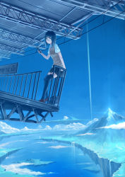 Rule 34 | 1girl, black thighhighs, blue eyes, blue hair, cellphone, cloud, day, floating island, glasses, highres, izumi sai, landscape, loafers, looking at viewer, matching hair/eyes, mountain, original, outdoors, phone, railing, scenery, shoes, sky, solo, standing, sweater vest, thighhighs, zettai ryouiki