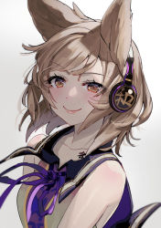 Rule 34 | 1girl, brown eyes, brown hair, closed mouth, earmuffs, looking at viewer, pointy hair, purple neckwear, purple ribbon, ribbon, short hair, simple background, sleeveless, smile, solo, syuri22, tattoo, touhou, toyosatomimi no miko, upper body, white background