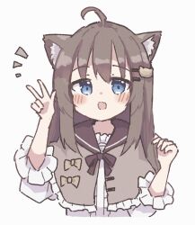 Rule 34 | 1girl, :d, ahoge, animal ears, black bow, black bowtie, black sailor collar, blue eyes, blush, bow, bowtie, brown hair, capelet, cat ears, cat girl, cat hair ornament, center frills, colon br, cropped torso, fang, frilled capelet, frills, grey capelet, hair between eyes, hair ornament, hairclip, hand up, long hair, long sleeves, looking at viewer, notice lines, open mouth, original, sailor collar, shirt, sidelocks, simple background, skin fang, smile, straight-on, straight hair, upper body, v, variant set, white background, white shirt