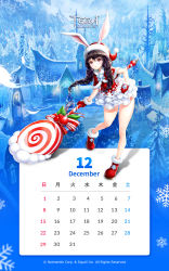 Rule 34 | 1girl, animal ears, artist request, boots, braid, brown eyes, brown hair, building, calendar (medium), candy, christmas, commentary request, copyright name, december, dress, elin, food, forest, frilled dress, frills, full body, hat, highres, leaning forward, legs, lollipop, long hair, mittens, nature, official art, open mouth, outdoors, oversized object, rabbit ears, rabbit tail, red dress, red footwear, red hat, red mittens, santa hat, short dress, snow, solo, staff, tail, tera online, thighs, tree, twin braids, twintails, weapon