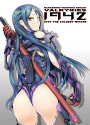 Rule 34 | 1girl, armor, ass, blue hair, claws, closed mouth, cover, cover page, cowboy shot, english text, from behind, highres, leotard, long hair, looking at viewer, looking back, original, red eyes, sheath, sheathed, sigama, smile, solo, standing, sword, thong leotard, wavy mouth, weapon