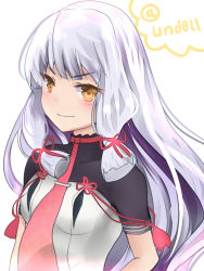 Rule 34 | 1girl, commentary request, hair ribbon, highres, kantai collection, long hair, looking at viewer, murakumo (kancolle), murakumo kai ni (kancolle), necktie, one-hour drawing challenge, orange eyes, red necktie, ribbon, sidelocks, silver hair, simple background, smile, solo, tress ribbon, twitter username, und0ll, upper body, white background