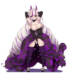 Rule 34 | 1girl, absurdly long hair, absurdres, areola slip, arms behind head, black gloves, black nails, black sclera, black thighhighs, blue eyes, breasts, bridal gauntlets, cleavage, colored sclera, covering crotch, covering privates, elbow gloves, extra arms, extra mouth, extra pupils, full body, gloves, grin, groin, highres, horns, large breasts, long hair, looking at viewer, malice (worstwarlock), monster girl, multicolored hair, nail polish, no panties, oni, original, purple eyes, purple hair, red eyes, sandals, simple background, skin-covered horns, smile, solo, standing, streaked hair, striped clothes, striped thighhighs, thighhighs, todding, vertical-striped clothes, vertical-striped thighhighs, very long hair, white background, white hair