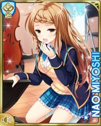 Rule 34 | 1girl, blazer, blue bow, blue jacket, blue skirt, bow, braid, brown eyes, brown hair, card, cello, character name, day, girlfriend (kari), indoors, instrument, jacket, long hair, miyoshi nao, official art, open mouth, plaid, plaid skirt, qp:flapper, shirt, skirt, solo, sweater vest, tagme, white shirt, yellow sweater vest