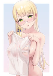 Rule 34 | 1girl, blonde hair, blunt bangs, blush, breasts, covering breasts, covering privates, glasses, green eyes, hair ornament, highres, kantai collection, large breasts, long hair, naked towel, navy cross, northampton (kancolle), nude cover, open mouth, sakieko, see-through, semi-rimless eyewear, solo, towel, wet towel