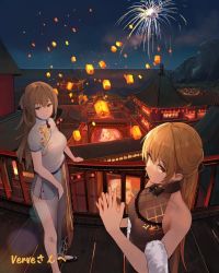 Rule 34 | 2girls, alternate costume, blonde hair, breasts, brown hair, china dress, chinese clothes, cleavage, commentary request, commission, dress, feather boa, fireworks, girls&#039; frontline, green eyes, lantern, long hair, looking at viewer, springfield (girls&#039; frontline), multiple girls, night, night sky, nighttsound, ots-14 (girls&#039; frontline), pagoda, short sleeves, skeb commission, sky, sleeveless, sleeveless dress, yellow eyes