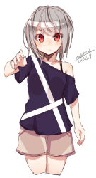 Rule 34 | 1girl, bare shoulders, blue shirt, brown shorts, collarbone, cropped legs, dated, hair between eyes, hand up, maze (gochama ze gohan), off shoulder, original, red eyes, shirt, short hair, short shorts, short sleeves, shorts, signature, silver hair, simple background, sketch, solo, white background