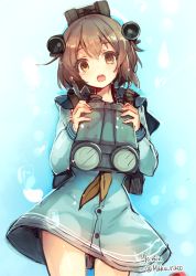 Rule 34 | 10s, 1girl, backpack, bag, binoculars, brown eyes, brown hair, cis (carcharias), dress, kantai collection, looking at viewer, neckerchief, open mouth, personification, sailor dress, short hair, solo, tears, white dress, yellow neckerchief, yukikaze (kancolle)