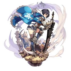 Rule 34 | armor, black hair, breasts, brown eyes, cape, celliera, dragalia lost, flying, full body, gauntlets, holding, holding sword, holding weapon, hood, large breasts, leaning forward, nintendo, non-web source, official art, saitou naoki, short hair, solo, stepping, sword, thighhighs, transparent background, weapon