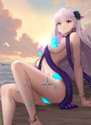 Rule 34 | 1girl, anklet, bare shoulders, beach, blue fire, blush, body markings, bracelet, breasts, cloud, earrings, fate/grand order, fate (series), fire, flower, gradient sky, hair flower, hair ornament, hair ribbon, highres, jewelry, kama (fate), kama (swimsuit avenger) (fate), kama (swimsuit avenger) (third ascension) (fate), large breasts, long hair, looking at viewer, lotus, navel, orange sky, phaethonvt, red eyes, revealing clothes, ribbon, shore, sitting, sky, smile, solo, star (symbol), star earrings, sunset, thighs, twilight, white hair