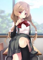 Rule 34 | 1girl, arm warmers, black socks, blue sky, bow, bowtie, braid, breasts, brown hair, chair, classroom, cloud, cloudy sky, crossed legs, day, desk, finger to mouth, hair between eyes, highres, indoors, kantai collection, kneehighs, light brown hair, loafers, long hair, looking at viewer, medium breasts, minegumo (kancolle), mofu namako, on desk, plaid, plaid bow, plaid bowtie, plaid neckwear, pleated skirt, red bow, red bowtie, red eyes, school, school desk, school uniform, seductive smile, shirt, shoes, short sleeves, sitting, skirt, sky, smile, socks, solo, suspender skirt, suspenders, twin braids, white shirt, window