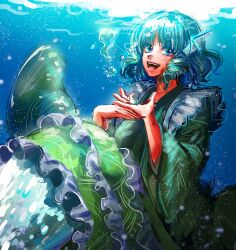 Rule 34 | 1girl, :d, absurdres, blue eyes, blue hair, commentary request, drill hair, drill sidelocks, fins, frilled kimono, frills, green kimono, head fins, highres, japanese clothes, kimono, korean commentary, kuya (hey36253625), looking at viewer, mermaid, monster girl, open mouth, short hair, sidelocks, smile, solo, touhou, underwater, wakasagihime