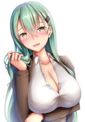 Rule 34 | 1girl, aqua eyes, aqua hair, ascot, blazer, blush, breast hold, breasts, brown jacket, cleavage, collarbone, hair ornament, hairclip, jacket, kantai collection, large breasts, long hair, long sleeves, looking at viewer, open clothes, open mouth, open shirt, playing with own hair, school uniform, shirt, smile, solo, suzuya (kancolle), tapisuke, white shirt, yellow eyes