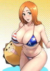 Rule 34 | 1girl, alternate breast size, american flag bikini, american flag print, ball, beachball, bikini, bleach, breasts, cleavage, curvy, female focus, flag print, highres, holding, holding ball, huge breasts, inoue orihime, iwao178, kon (bleach), long hair, looking at viewer, micro bikini, navel, orange hair, print bikini, shiny skin, skindentation, smile, solo, standing, stomach, swimsuit, thick thighs, thighs, thong, thong bikini, tongue, tongue out, underboob, very long hair, wide hips