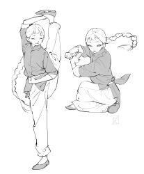 Rule 34 | 1girl, braid, braided ponytail, chinese clothes, clenched hand, closed eyes, facing viewer, fighting stance, flats, flexible, floating hair, full body, greyscale, hand on own foot, highres, kimura 731, kung fu, leg lift, leg up, long hair, long sleeves, looking at viewer, looking to the side, monochrome, multiple views, original, pants, sash, shoe soles, single braid, sitting, sketch, smile, split, standing, standing on one leg, standing split, very long hair