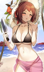 Rule 34 | 1girl, ao (user xcnx5328), bare shoulders, beach, bikini, black bikini, blush, breasts, brown hair, cleavage, closed eyes, guardian tales, hat, highres, holding, holding knife, innkeeper loraine, knife, large breasts, medium hair, navel, official alternate costume, open mouth, outdoors, see-through, straw hat, swimsuit, wet