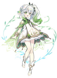 Rule 34 | 1girl, bracelet, cape, cat princess, child, cross-shaped pupils, detached sleeves, dress, genshin impact, gradient hair, green cape, green eyes, green hair, hair ornament, jewelry, leaf hair ornament, long hair, multicolored hair, nahida (genshin impact), open mouth, pointy ears, side ponytail, smile, solo, symbol-shaped pupils, toeless footwear, white dress, white footwear, white hair