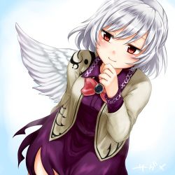 Rule 34 | 1girl, hand on own chin, jacket, kishin sagume, monrooru, open clothes, open jacket, red eyes, single wing, solo, touhou, white hair, wings