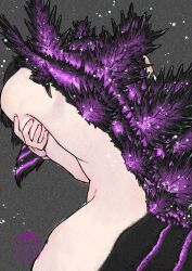 Rule 34 | 1other, artist logo, back, bioluminescence, black hair, from behind, glowing, glowing hair, godzilla, godzilla (series), hand on own arm, kishida shiki, leaning forward, multicolored hair, nude, personification, purple hair, solo, tail, two-tone hair