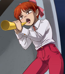 Rule 34 | 1girl, bow, brown eyes, cowboy shot, dutch angle, gegege no kitarou, hair bow, haruyama kazunori, horn (instrument), instrument, nekomusume, open mouth, pants, pointy ears, red hair, sexually suggestive, short hair, solo, tight clothes, tight pants, toei animation, tongue, tongue out, uvula