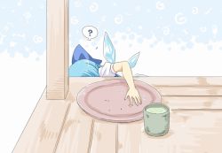 Rule 34 | 1girl, ?, blue hair, bow, cirno, comic, crumbs, cup, hair bow, sakimiya (inschool), searching, silent comic, solo, spoken question mark, tea, touhou, tray, wings