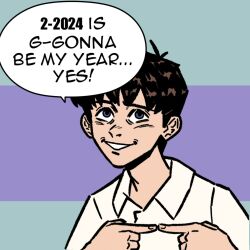 Rule 34 | 1boy, 2024, black hair, commentary, english text, grey eyes, ikari shinji, index fingers together, lcr comics, male focus, multicolored background, neon genesis evangelion, polo shirt, simple background, smile, solo, upper body
