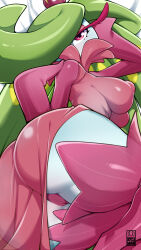 Rule 34 | 1girl, artist name, ass, bayeuxman, bed sheet, breasts, cameltoe, cleft of venus, colored skin, covered erect nipples, covered mouth, creatures (company), eyelashes, from above, furry, game freak, gen 7 pokemon, gradient skin, green hair, hair over one eye, highres, large breasts, long eyelashes, long hair, looking at viewer, lying, nintendo, on side, pink eyes, pink thighhighs, pokemon, pokemon (creature), solo, thighhighs, tsareena, white skin