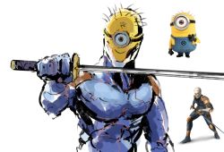 Rule 34 | 1boy, commentary, crossover, cyborg ninja, despicable me, english commentary, goggles, gray fox, helmet, highres, holding, holding sword, holding weapon, katana, male focus, metal gear (series), minion (despicable me), one-eyed, reference inset, rythayze, simple background, sketch, solo focus, sword, trait connection, weapon, white background