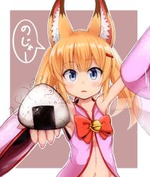 Rule 34 | 1girl, animal ears, blonde hair, blue eyes, blush, bow, character request, collarbone, copyright request, enperuto (yarumi), food, hair ornament, hairclip, highres, long hair, looking at viewer, navel, onigiri, parted lips, red bow, solo, speech bubble, translation request, twintails, upper body, virtual youtuber