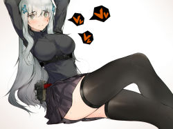 Rule 34 | 1girl, black shirt, black skirt, black thighhighs, blush, breasts, closed mouth, ekuesu, feet out of frame, girls&#039; frontline, green eyes, hair ornament, heart, highres, hk416 (girls&#039; frontline), knee up, large breasts, long hair, long sleeves, looking at viewer, shirt, silver hair, sitting, skirt, solo, spoken heart, thighhighs, thighs