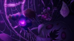 Rule 34 | 1girl, androgynous, arthropod girl, black hair, brown hair, bug, cup, english text, extra arms, extra eyes, fangs, frisk (undertale), gameplay mechanics, glowing, glowing eyes, heart, insect girl, ladder, long sleeves, monster, monster girl, muffet, muffet&#039;s pet, open mouth, palidoozy-art, paper, pink eyes, purple eyes, shirt, short twintails, silk, spider, spider girl, spider web, striped clothes, striped shirt, striped sweater, sweater, teacup, teapot, teeth, twintails, undertale