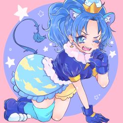 Rule 34 | 10s, 1girl, ;d, all fours, animal ears, blue background, blue eyes, blue footwear, blue gloves, blue hair, blue shirt, blue skirt, blue thighhighs, bubble skirt, colored eyelashes, crown, cure gelato, earrings, extra ears, gloves, jewelry, kirakira precure a la mode, layered skirt, lion ears, lion tail, long hair, looking at viewer, magical girl, mini crown, norainu, one eye closed, open mouth, pink background, precure, shirt, shoes, single thighhigh, skirt, smile, solo, star (symbol), star in eye, symbol in eye, tail, tategami aoi, thighhighs, yellow skirt
