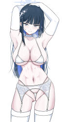 Rule 34 | 1girl, armpits, arms behind head, bikini, black hair, blue archive, blue eyes, blush, breasts, choker, closed mouth, collarbone, earrings, elbow gloves, garter straps, gloves, halo, highres, jewelry, large breasts, long hair, micro bikini, navel, official alternate costume, presenting armpit, sakurein, saori (blue archive), saori (dress) (blue archive), seductive gaze, seductive smile, simple background, smile, solo, swimsuit, thighhighs, white background, white bikini, white choker, white gloves, white thighhighs