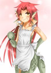 Rule 34 | 1girl, alternate hair length, alternate hairstyle, animal ears, apron, bad id, bad pixiv id, collarbone, cowboy shot, dragon ears, dragon girl, facial tattoo, fins, gradient background, granberia, hair intakes, head fins, highres, ladle, long hair, looking at viewer, mon-musu quest!, naked apron, red hair, scales, smile, solo, tail, tattoo, tau (tau 1111), very long hair, yellow eyes