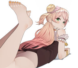 Rule 34 | 1girl, arm strap, bare legs, barefoot, black skirt, blonde hair, blush, blush stickers, closed mouth, commentary, eyebrows hidden by hair, flower, foreshortening, from behind, full body, gradient hair, green eyes, hair bun, hair flower, hair ornament, hololive, long hair, looking at viewer, looking back, lying, momosuzu nene, multicolored hair, nail polish, official alternate costume, on stomach, orange nails, pink hair, plain 222, shirt, shirt tucked in, simple background, single side bun, skirt, sleeveless, sleeveless shirt, smile, solo, toenail polish, toenails, two-tone hair, two side up, virtual youtuber, white background, white shirt, wristband