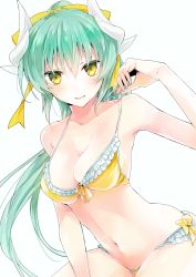 Rule 34 | 1girl, arm up, bare arms, bare shoulders, bikini, blue background, blush, bow, breasts, cleavage, collarbone, commentary request, curled horns, dragon horns, fate/grand order, fate (series), fingernails, green hair, hair between eyes, highres, horns, kiyohime (fate), kiyohime (swimsuit lancer) (first ascension) (fate), lifting own clothes, long hair, looking at viewer, medium breasts, navel, parted lips, simple background, smile, solo, strap lift, swimsuit, tomozero, very long hair, yellow bikini, yellow bow, yellow eyes