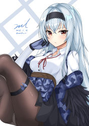 Rule 34 | 1girl, ass, black hairband, black skirt, blue jacket, blush, breasts, brown eyes, brown pantyhose, camouflage, camouflage jacket, closed mouth, collared shirt, crossed legs, dated, feathers, girls&#039; frontline, gloves, grey panties, hair between eyes, hairband, hand up, jacket, long hair, looking at viewer, medium breasts, miniskirt, off shoulder, open clothes, open jacket, panties, panties over pantyhose, pantyhose, pouch, red neckwear, scar, scar on neck, shirt, sidelocks, signature, sitting, skirt, solo, thigh strap, thighs, thunder (girls&#039; frontline), twitter username, underwear, unel, white hair, white shirt