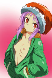 Rule 34 | flat chest, gradient background, hands in pockets, hat, jacket, long hair, michael f91, nipples, no bra, pink hair, red eyes, sketch, smile, solo