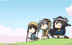 Rule 34 | 3girls, alternate costume, aviator cap, aviator sunglasses, black hair, blue sky, commentary request, construction worker, day, fubuki (kancolle), green eyes, grey eyes, hamu koutarou, happi, hard hat, headgear, helmet, highres, hill, indian style, japanese clothes, kantai collection, kasumi (kancolle), long hair, multiple girls, nagato (kancolle), outdoors, pickaxe, red eyes, seiza, silver hair, sitting, sky, sunglasses