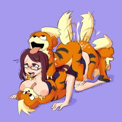 Rule 34 | animal penis, ass-to-ass, bestiality, brown hair, creatures (company), cum, cum in ass, cum in pussy, dog, double penetration, fupoo, game freak, gen 1 pokemon, glasses, growlithe, highres, knotting, knotted penis, licking, moaning, nintendo, nipples, original, penis, pokemon, pokemon (creature), pokephilia, sex, tongue, tongue out