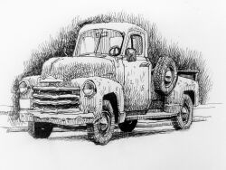 Rule 34 | car, chevrolet, commentary, english commentary, english text, greyscale, headlight, highres, monochrome, motor vehicle, no humans, original, paulheaston, pickup truck, rear-view mirror, steering wheel, truck