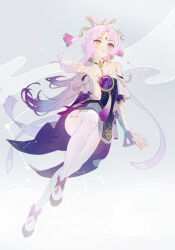 Rule 34 | 1girl, absurdres, armpit crease, bare shoulders, blush, bridal gauntlets, collarbone, detached sleeves, fishofthelakes, floating hair, forehead jewel, fu xuan (honkai: star rail), full body, hair ornament, hairpin, highres, honkai: star rail, honkai (series), long hair, low twintails, open mouth, pantyhose, pink hair, pink nails, single bridal gauntlet, solo, tassel, twintails, white pantyhose, wide-eyed, yellow eyes
